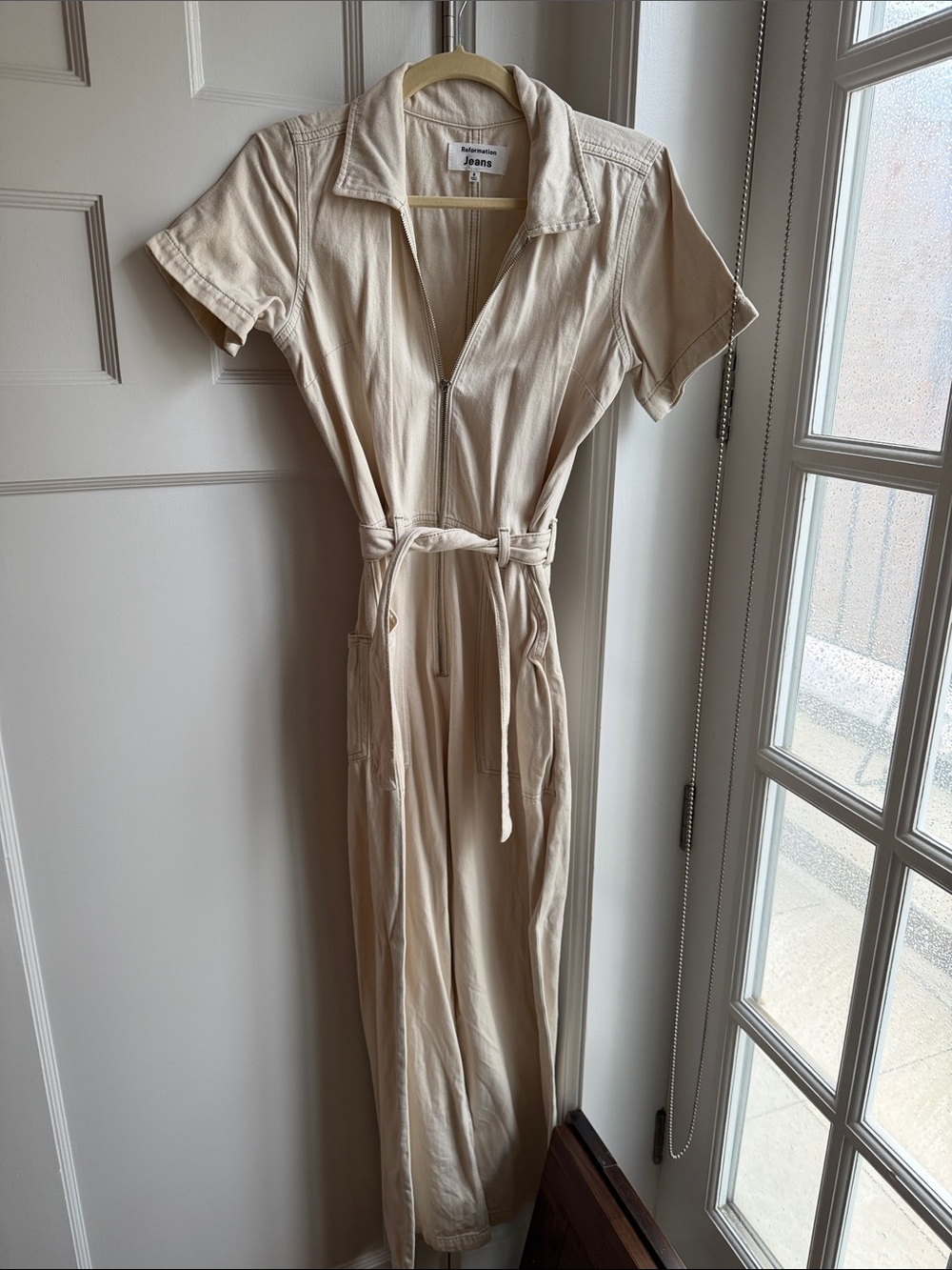 Reformation Cream Short-Sleeve Zip-Front Maxi Jumpsuit